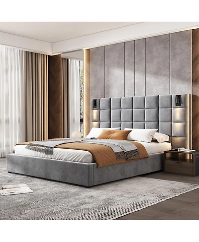 Streamdale Furniture Queen Size Velvet Upholstered Bed Frame with Usb Port