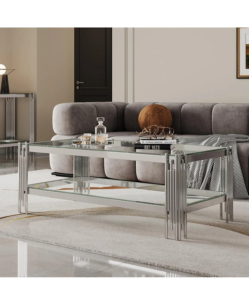 Streamdale Furniture Double Layer Tempered Glass Coffee Table with Mirror Stainless Steel Frame