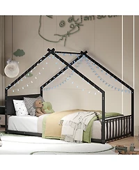 Streamdale FurnitureTwin Size House Bed with Roof & Lights, Metal Frame, No Box Spring (Black)