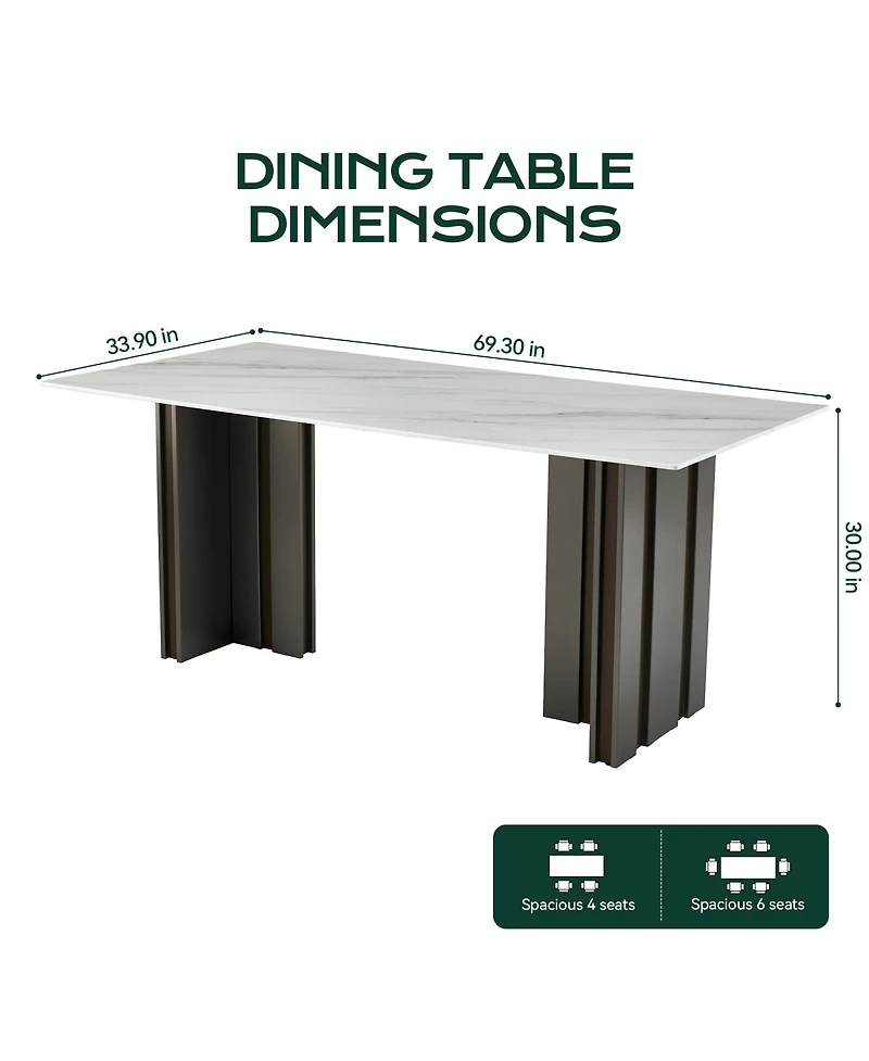 Streamdale Furniture Streamdale 69" Rectangular Dining Table, Modern Style, Tempered Glass Marble Top, Gray Legs