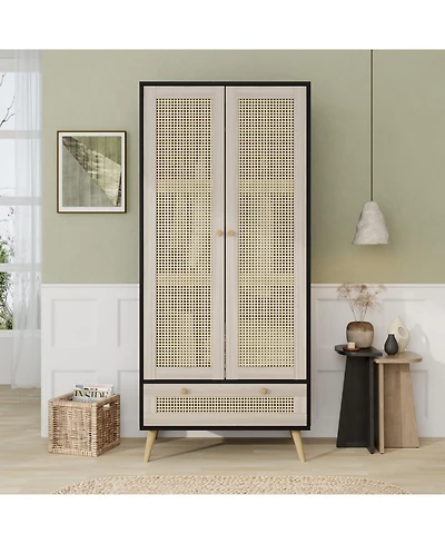 Streamdale Furniture 70" Rattan Door Armoire Boho Wardrobe Closet
