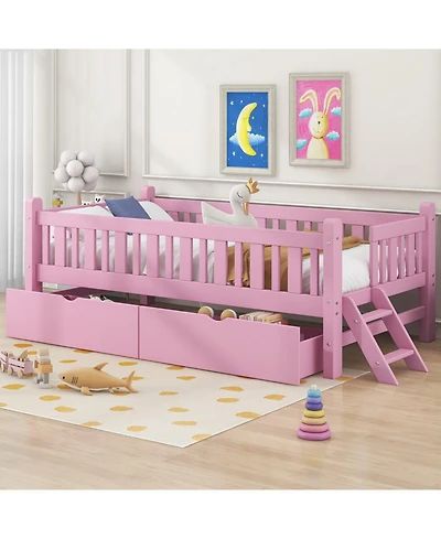 Streamdale Furniture Wood Twin Size Platform Bed with Guardrail and 2 Drawers