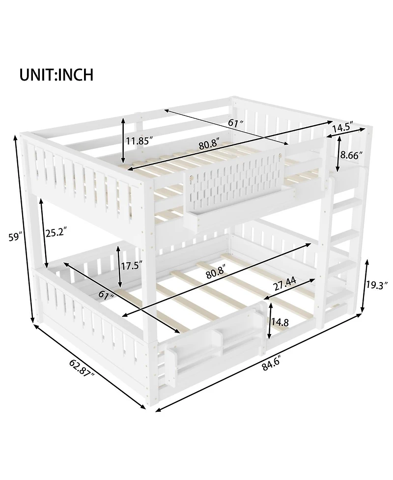 Streamdale Queen Bunk Bed with Ladder and Guardrails, Pegboard and bookshelf, White