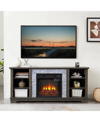 Streamdale Furniture Electric Fireplace Stone Tv Media Stand with Faux Stacked Stone Surround, Gray, 58.31"W