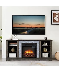 Streamdale Furniture Electric Fireplace Stone Tv Media Stand with Faux Stacked Stone Surround, Gray, 58.31"W