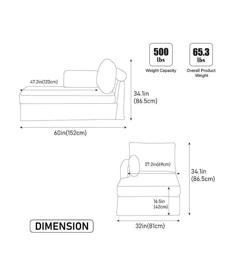 Streamdale Furniture 31.89" Wide Modular Sofa Bed with Chenille Fabric & Metal Legs