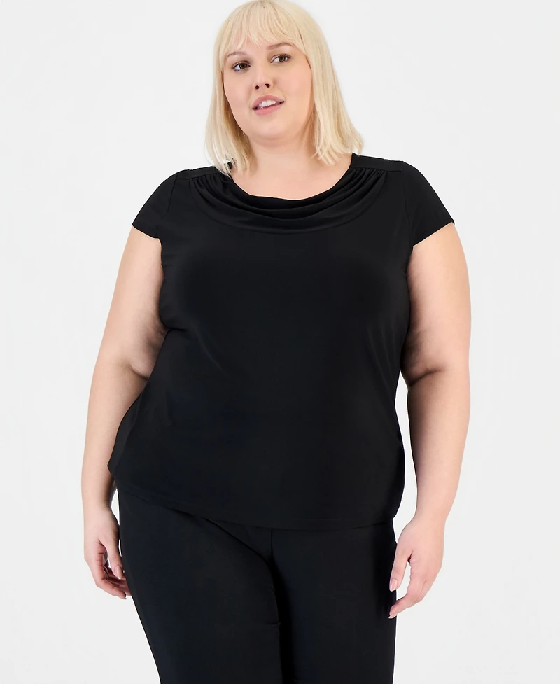 Kasper Plus Stretch Knit Short-Sleeve Cowl-Neck Top