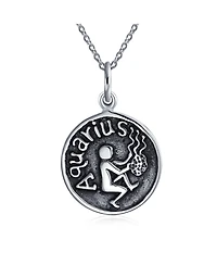 Bling Jewelry Aquarius Zodiac Round Medallion Pendant Necklace Antiqued .925 Sterling Silver