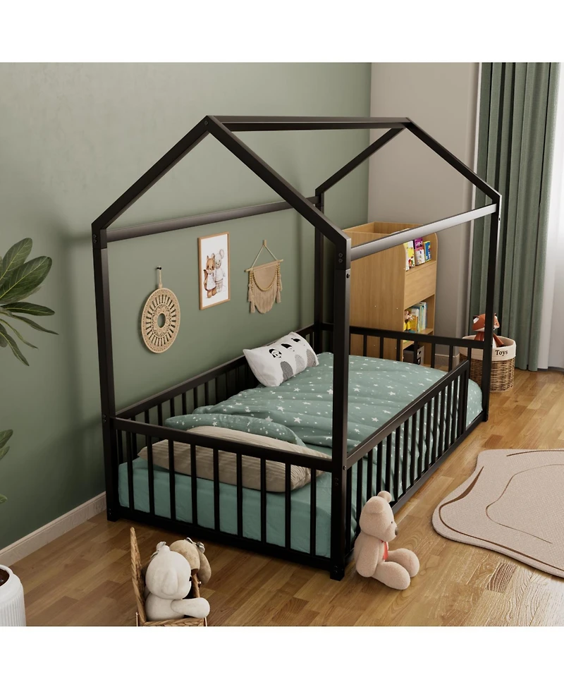Streamdale Furniture Twin Montessori Metal Floor Bed Frame, House with Fence, Easy Assemble, Black