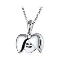 Bling Jewelry Best Mom Word Angel Wing Heart Locket Pendant Necklace .925 Sterling Silver