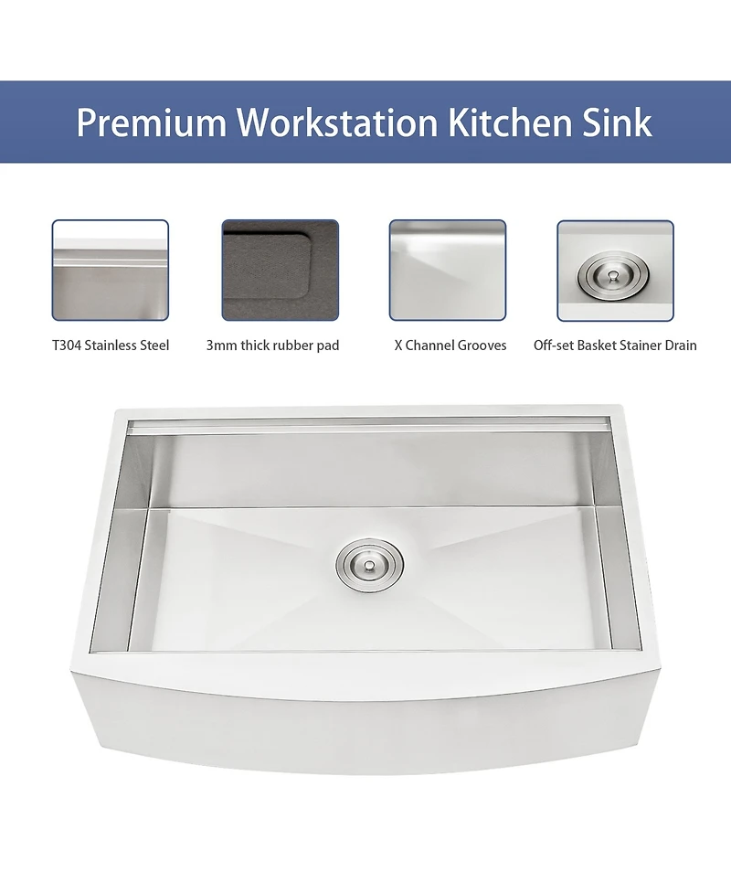 flynama 33x21x9inch Farmhouse Kitchen Sink Workstation Stainless Steel 16 Gauge Apron Front