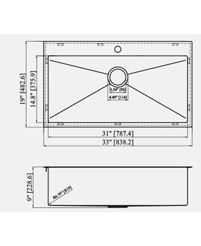 flynama 33x19x9inch Drop In Topmount Single Bowl Kitchen Sink 16 Gauge T304 Stainless Steel with Dish Grid Drain Assembly