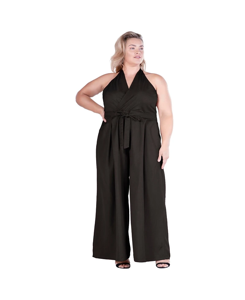 Standards & Practices Women's Halter Smoked Waist Poplin Wide Leg Jumpsuit