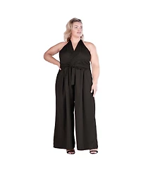 Standards & Practices Women's Halter Smoked Waist Poplin Wide Leg Jumpsuit