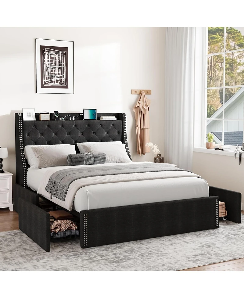 gaomon Wingback Headboard 4-Drawer Velvet Upholstered Platform Bed Frame with Charging Station