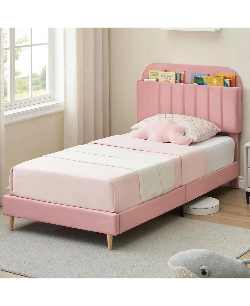 gaomon Bed Frame with Storage Headboard Velvet Upholstered Platform Bedframe for Kids/Girl Strong Wooden Slats Noise-Free Easy Assembly
