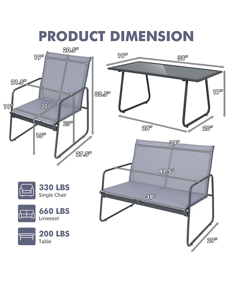 Costway 4-Piece Metal Patio Furniture Chat Set Outdoor Conversation Table Garden