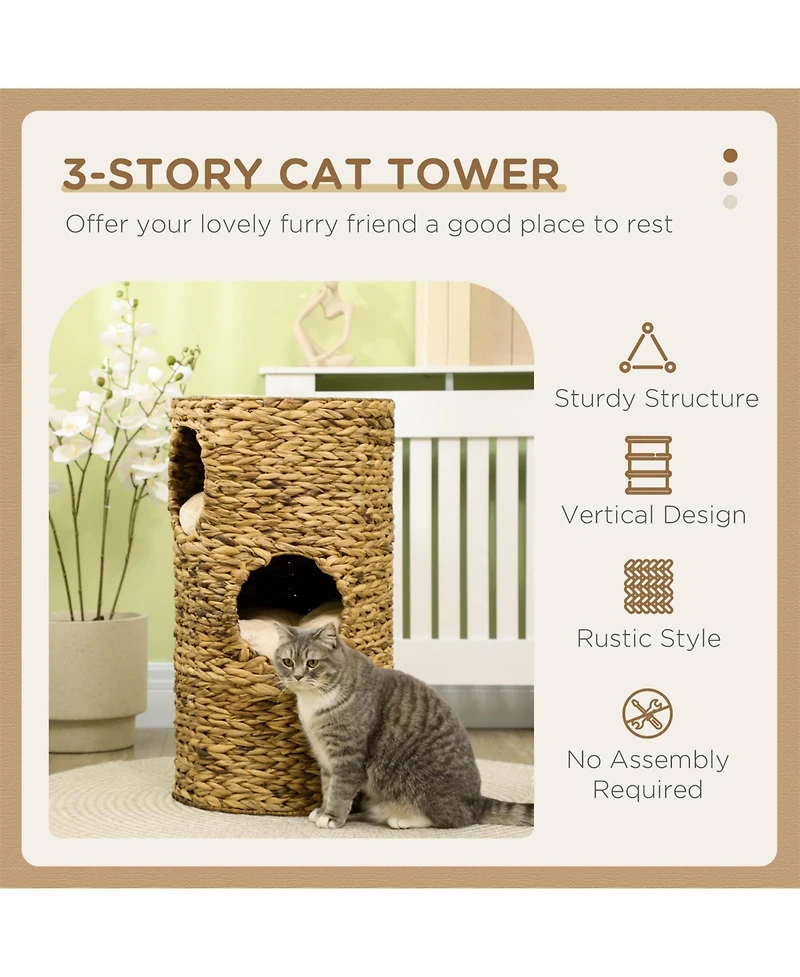 Aostirmotor Cat Tower with Three Hideaways & Four Soft Plush Cushions in Brown