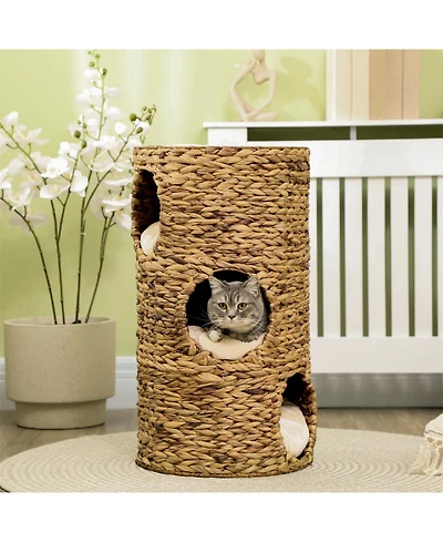 Aostirmotor Cat Tower with Three Hideaways & Four Soft Plush Cushions in Brown