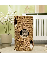 Aostirmotor Cat Tower with Three Hideaways & Four Soft Plush Cushions in Brown