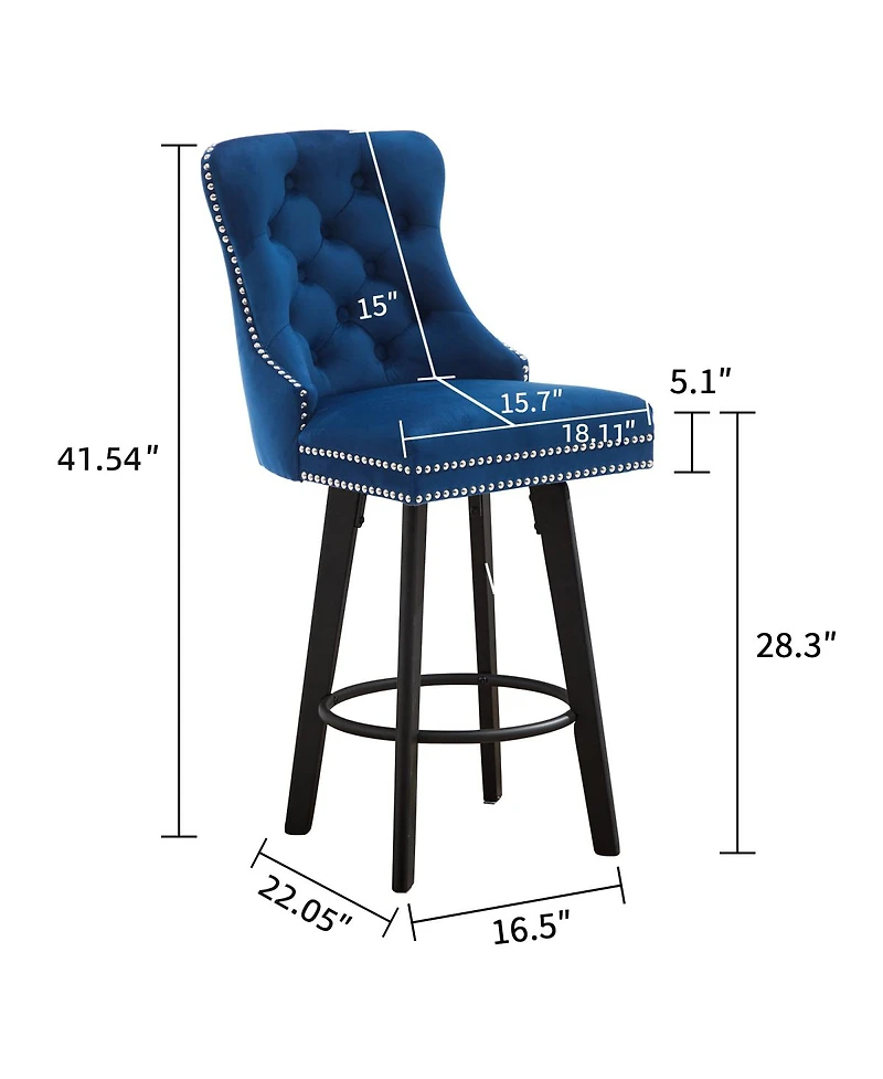 Streamdale Furniture Streamdale Navy Blue Velvet Swivel Bar Stools with Ring Pull, Set of 2