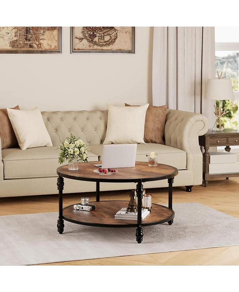 gaomon 36" Round Coffee Tables with Storage, 2-Tier Round Coffee Table, Center Table Modern Wood Coffee Table, Easy Assembly