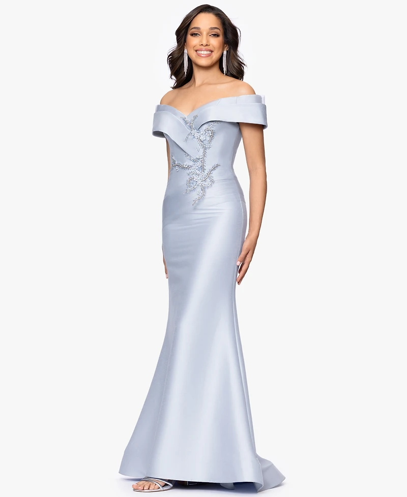 Betsy & Adam Petite Off-the-Shoulder Fit Flare Gown