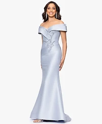 Betsy & Adam Petite Off-the-Shoulder Fit Flare Gown