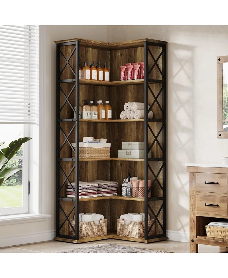 Tribesigns 71 Inch Tall Corner Pantry, 5-Tier Industrial Corner Storage Shelf, Wood and Metal L-Shaped Kitchen Cabinet