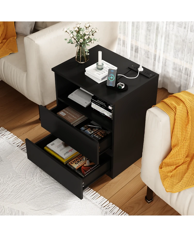 Streamdale Furniture End Table with Usb C Charging, 2 Drawers, Storage Cabinet