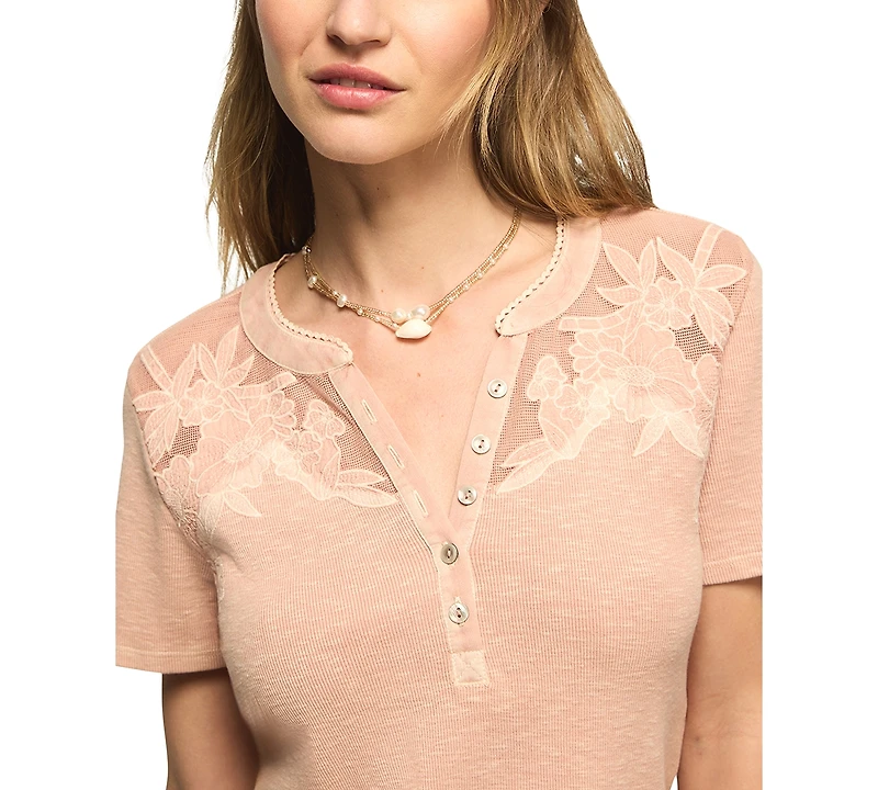 Lucky Brand Women's Short-Sleeve Cutwork Henley Top