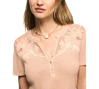 Lucky Brand Women's Short-Sleeve Cutwork Henley Top