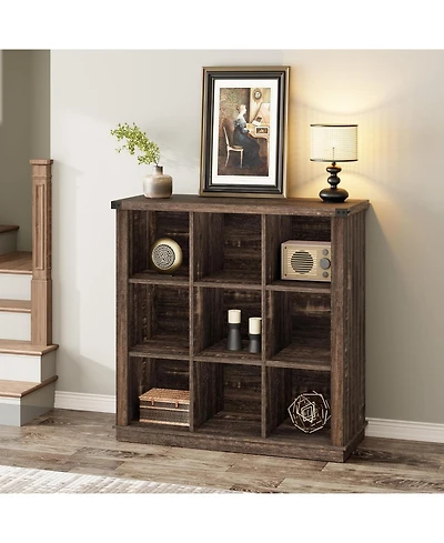 gaomon 9-Cube Storage Organizer Bookcase, 37.4" Long Low 4-Tier Farmhouse Wood Shelf for Entryway & Living Room