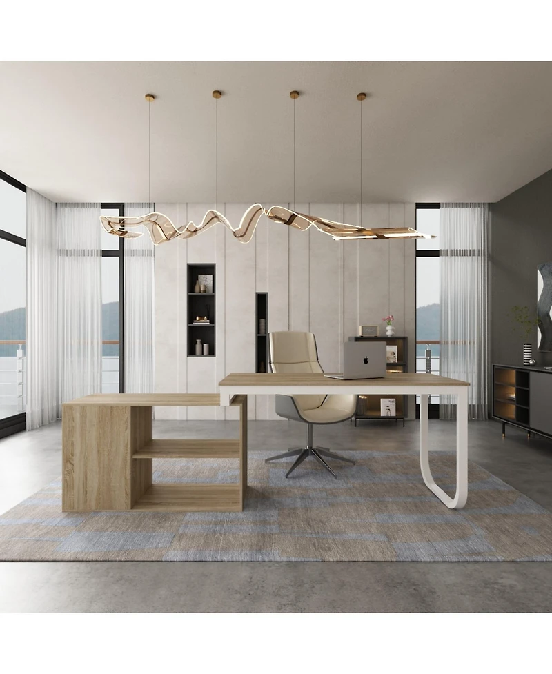 Famapy 55.1 in. L-Shaped Brown Wood Computer Desk Writing Office Executive W/Removable Tabletop, Shelves, 3-Drawers