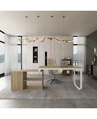 Famapy 55.1 in. L-Shaped Brown Wood Computer Desk Writing Office Executive W/Removable Tabletop, Shelves, 3-Drawers