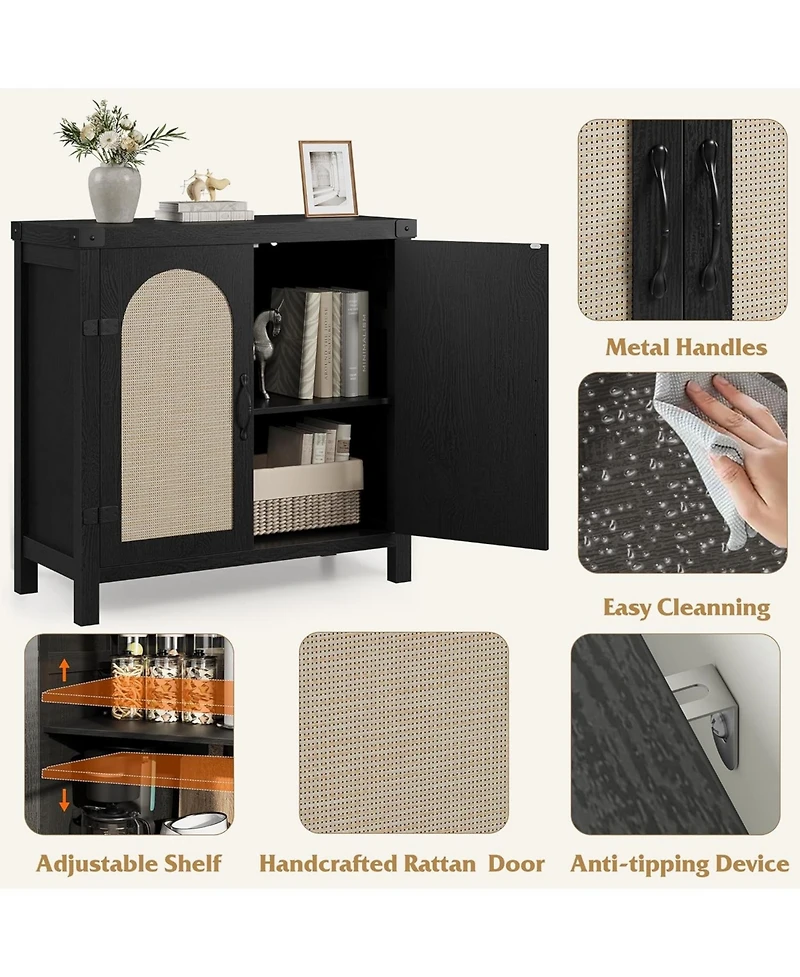 gaomon Rattan Sideboard Buffet Cabinet, Farmhouse Boho Coffee Bar Storage Console for Dining Room or Hallway, Black