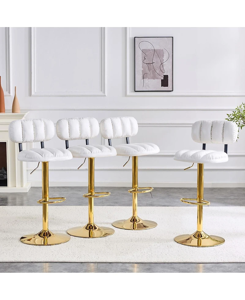 Streamdale Furniture Set of 2 White Pu Leather Bar Stools with Gold Base & Footrest