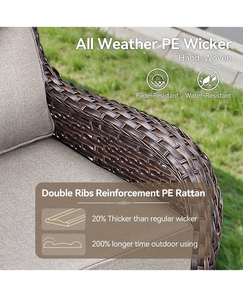 Gymojoy Crescent Brown Wicker Fire Pit Conversation Set with Olefin 6 In. Thick Cushions Patio Swivel Chairs (7-Piece)