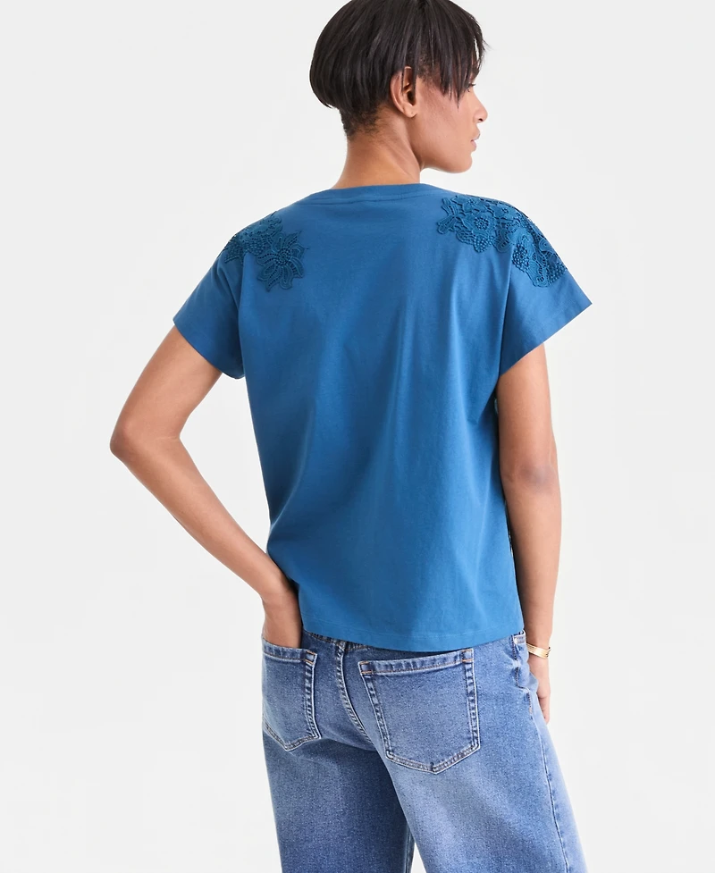 I.n.c. International Concepts Women's Lace-Trim Cotton T-Shirt, Macy's Exclusive