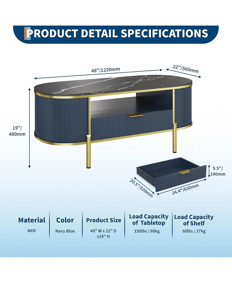 gaomon 48" Oval Coffee Table with Fluted Design & Faux Marble Top, Modern Center Table with Drawers