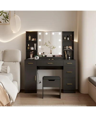 gaomon “Black Led Vanity Desk with Mirror, Adjustable Brightness & Open Shelves”