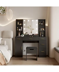 gaomon “Black Led Vanity Desk with Mirror, Adjustable Brightness & Open Shelves”