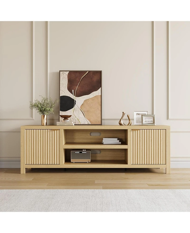 gaomon Fluted Tv Stand for 80 Inch Tv, Modern Entertainment Center with Storage & Gold Handles, Beige/Khaki