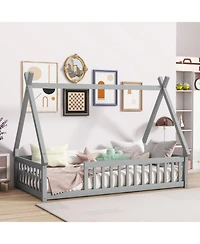 Streamdale Furniture Twin Tent-shaped Floor Bed, Teepee Bed with Guardrails, Slats