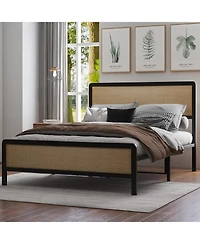 gaomon Rattan Queen Bed Frame, Boho Bed Frame with Headboard & Footboard, Bed Frame with Strong Metal Slat, Noise Free, No Box Spring Needed.