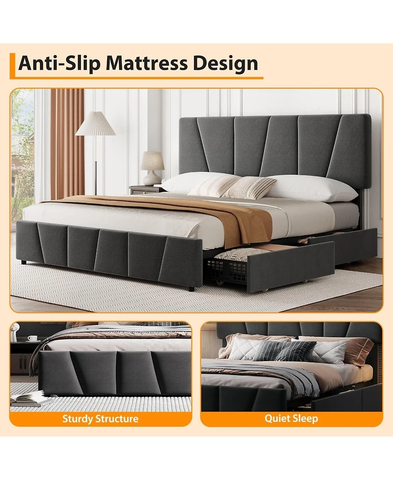 gaomon Bed Frame with Adjustable Headboard and 4 Storage Drawers, Soft Upholstered Platform Frames Wooden Slats Support