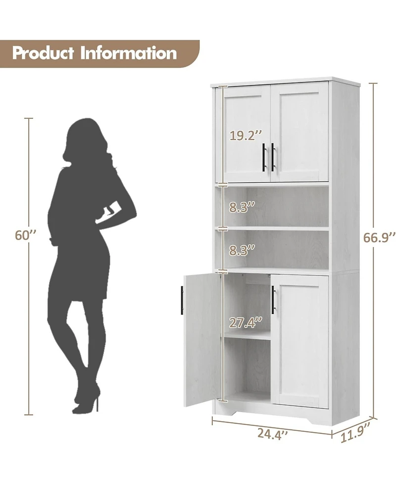 67" Tall Storage Cabinet, Freestanding Bathroom Pantry Cabinet with 4 Doors and Adjustable Shelves, Living Room, White
