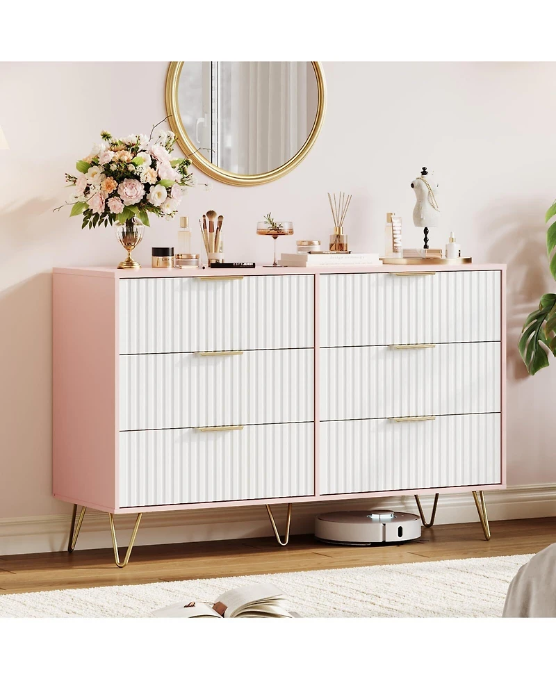 gaomon Fluted 6-Drawer Dresser for Bedroom, 47" Wide Modern Wooden Chest of Drawers, Pink