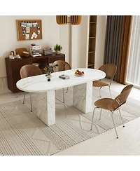 Streamdale Furniture 62.9" Oval Marble Dining Table, Wood Base, Modern Farmhouse
