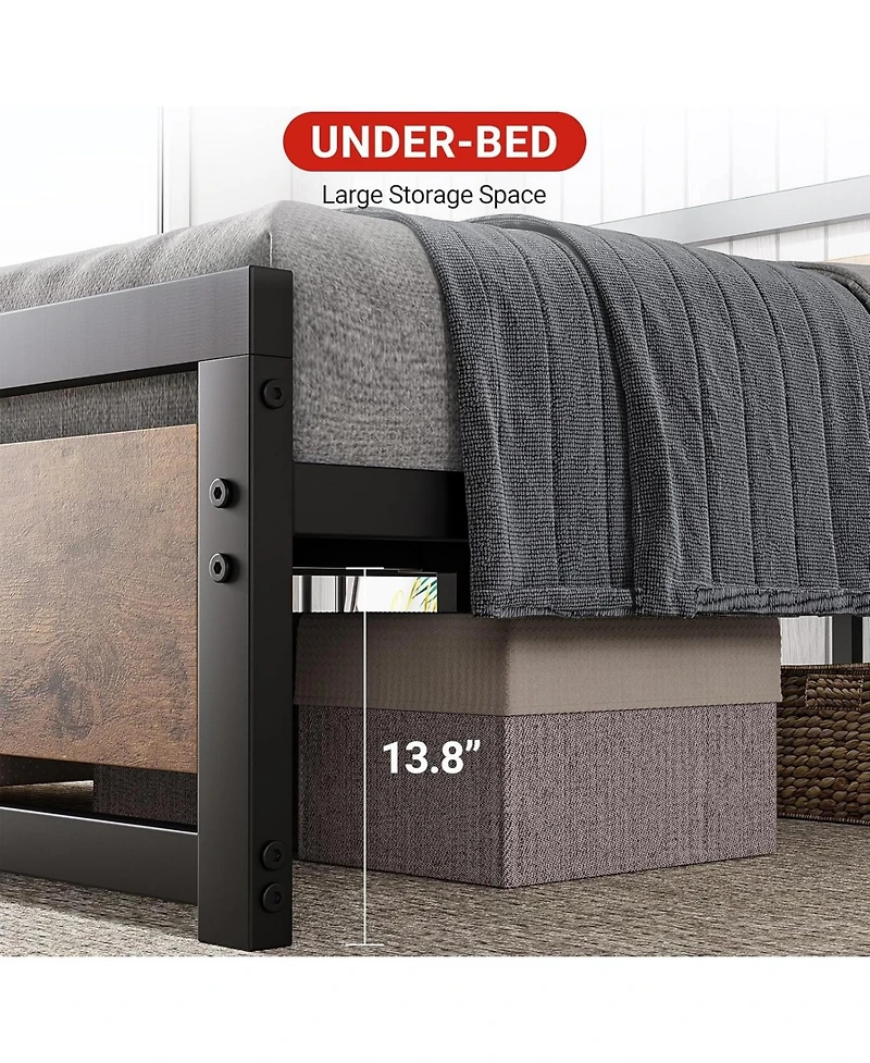 gaomon 14 Inch Heavy Duty Industrial Metal Platform Bed Frame with Wooden Headboard